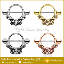Tribal Design Gold Plated Rhinestone Stainless Steel Nipple Shield Rings barbell